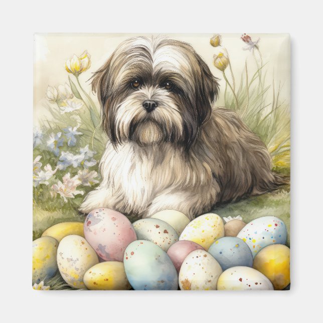Imán Perro Terrier Tibetano con huevos de Pascua (Frente)