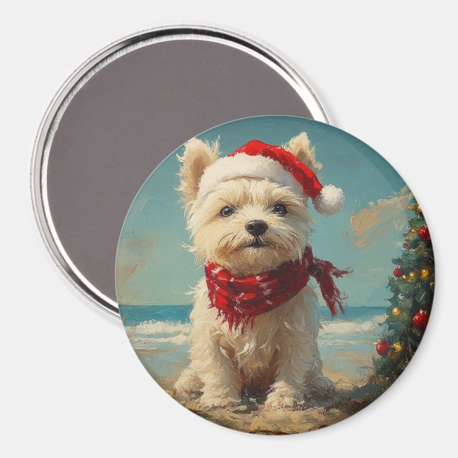 Imán Perro Terrier West Highland White Navidad Playa (Anverso/Reverso)