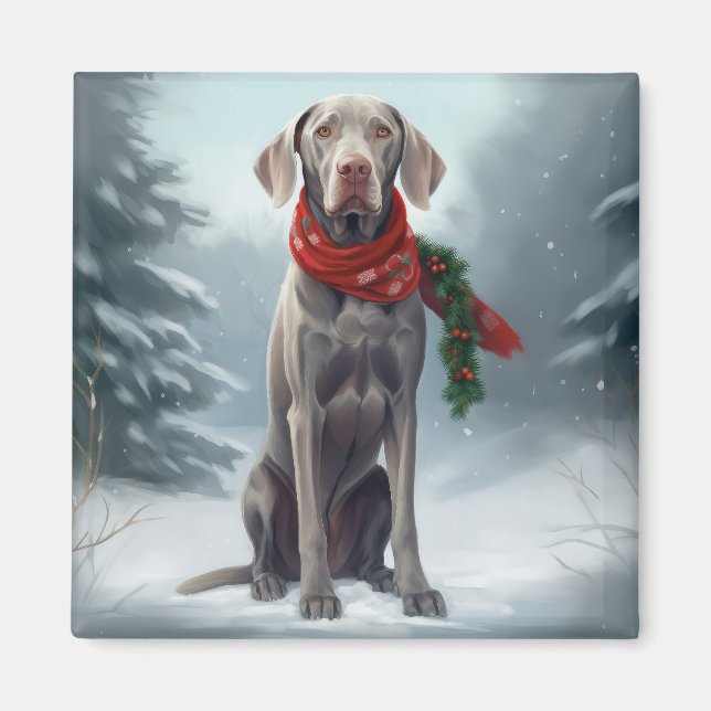 Imán Perro Weimaraner en Navidad con nieve (Frente)