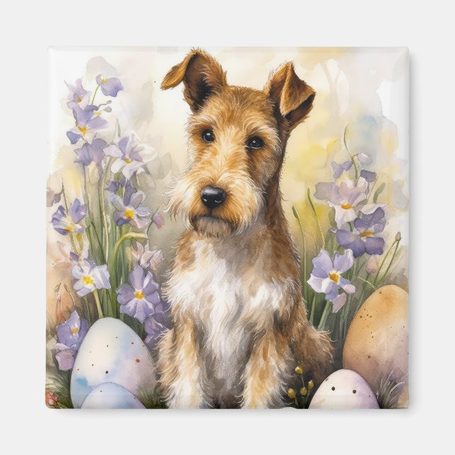 Imán Perro Wirefox Terrier con huevos de Pascua Fiesta (Frente)