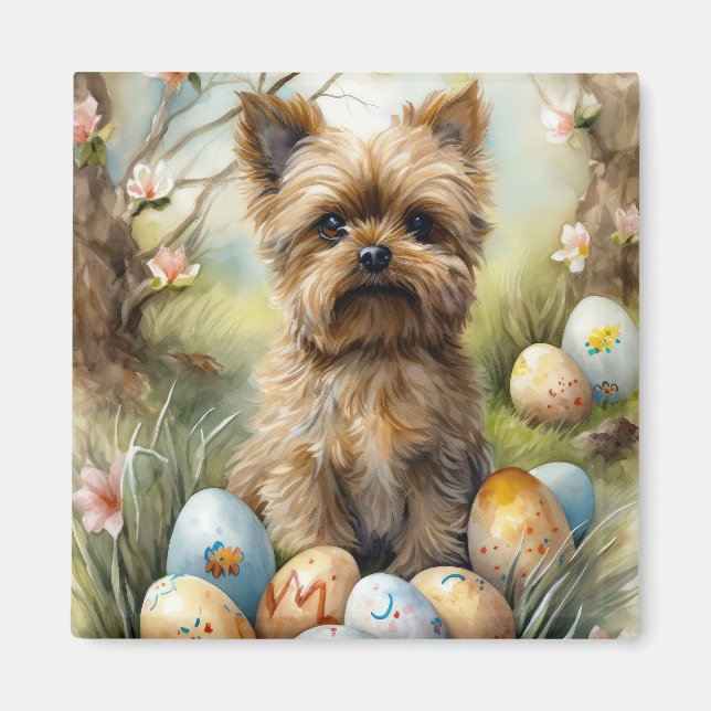 Imán Perro Yorkipoo con festividad de huevos de Pascua (Frente)