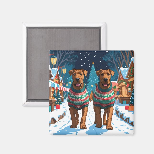 Imán Perros Airedale Navidad Nieve Fiesta (Anverso/Reverso)
