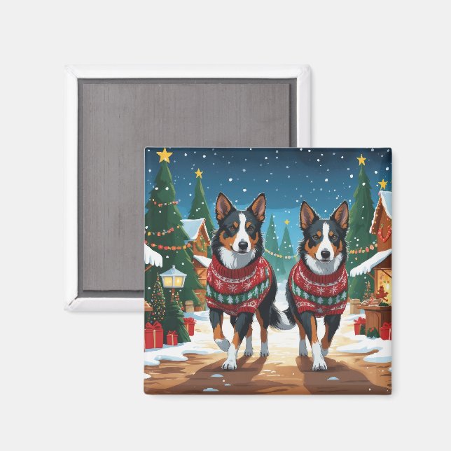 Imán Perros Australian Kelpie Navidad Nieve Fiesta (Anverso/Reverso)