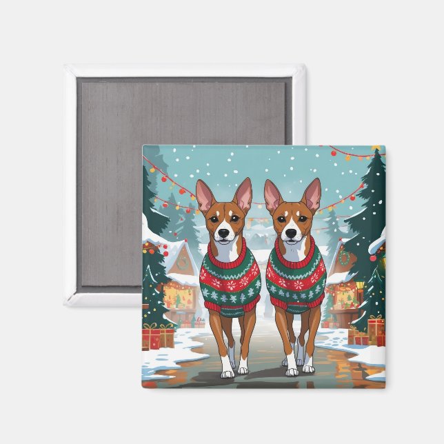 Imán Perros Basenji Navidad Nieve Fiesta (Anverso/Reverso)