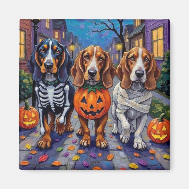 Imán Perros Basset Hound pidiendo dulces en Halloween  (Frente)