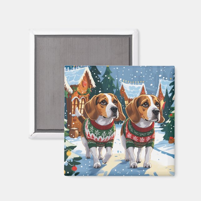 Imán Perros Beagle Navidad Nieve Fiesta (Anverso/Reverso)