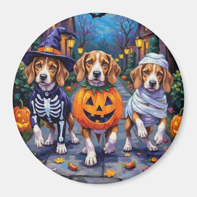 Imán Perros Beagle Trick-or-Treating con disfraz de Hal (Frente)
