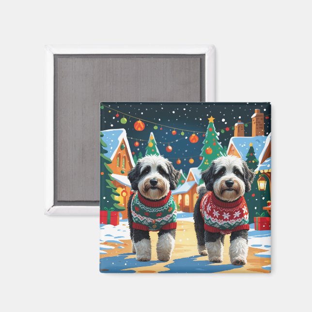 Imán Perros Bernedoodle Navidad Nieve Fiesta (Anverso/Reverso)