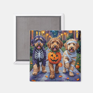 Imán Perros Bernedoodle Trick-or-Treating con disfraces