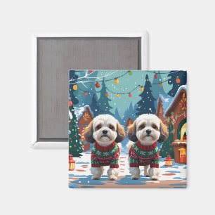 Imán Perros Bichon Frise Navidad Nieve Fiesta