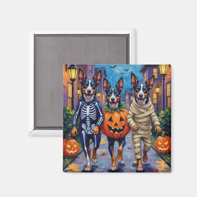 Imán Perros Blue Heeler pidiendo dulces en Halloween (Anverso/Reverso)