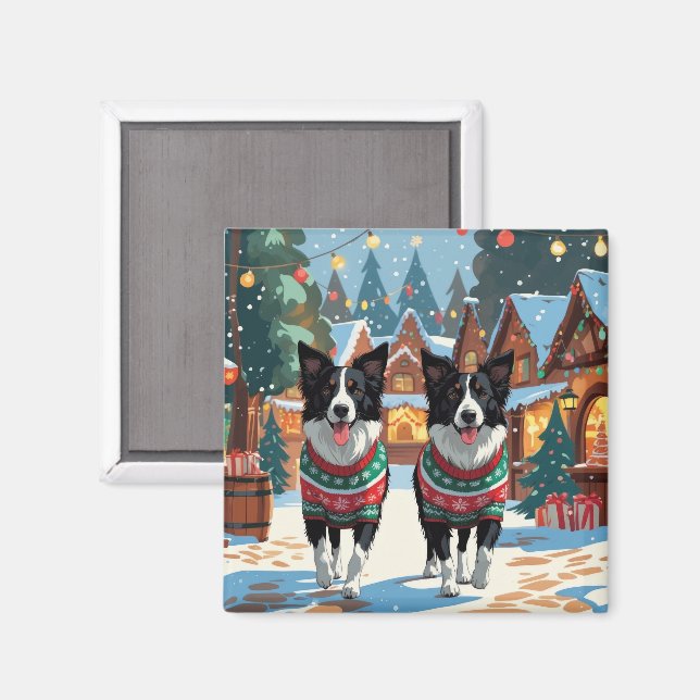 Imán Perros Border Collie Navidad Nieve Fiesta (Anverso/Reverso)