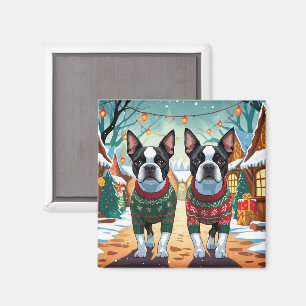 Imán Perros Boston Terrier Navidad Nieve Fiesta