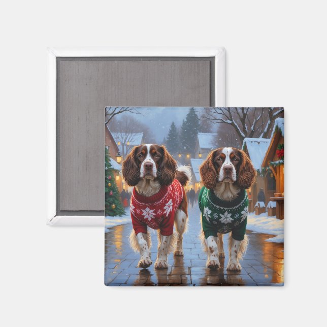 Imán Perros Brittany Spaniel Navidad Nieve Fiesta (Anverso/Reverso)