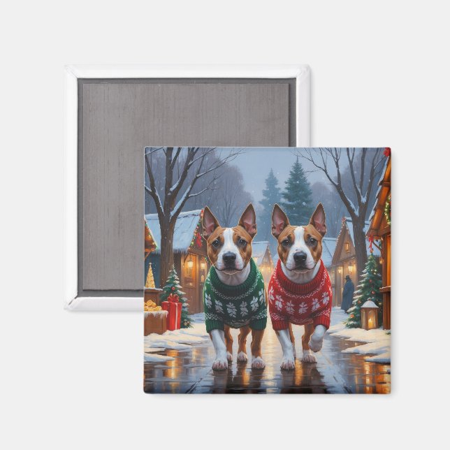 Imán Perros Bull Terrier Navidad Nieve Fiesta (Anverso/Reverso)