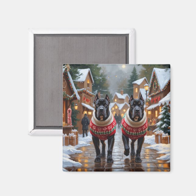 Imán Perros Cane Corso Navidad Nieve Fiesta (Anverso/Reverso)