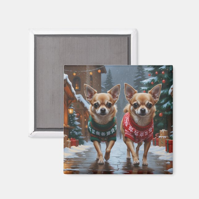 Imán Perros Chihuahua Navidad Nieve Fiesta (Anverso/Reverso)