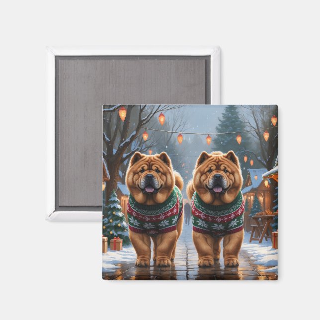 Imán Perros Chow Chow Navidad Nieve Fiesta  (Anverso/Reverso)