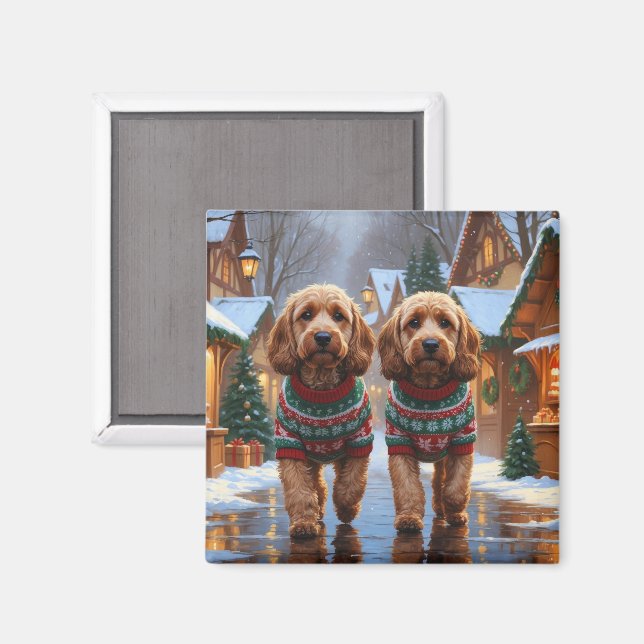 Imán Perros Cockapoo Navidad Nieve Fiesta  (Anverso/Reverso)
