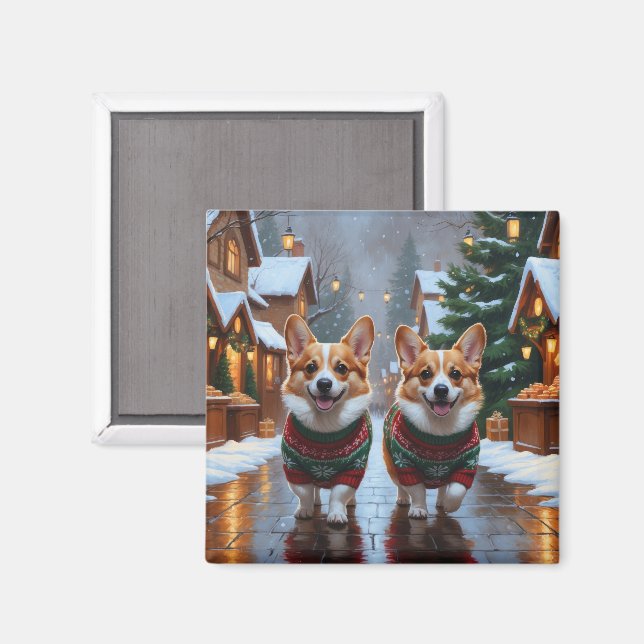 Imán Perros Corgi Navidad Nieve Fiesta (Anverso/Reverso)