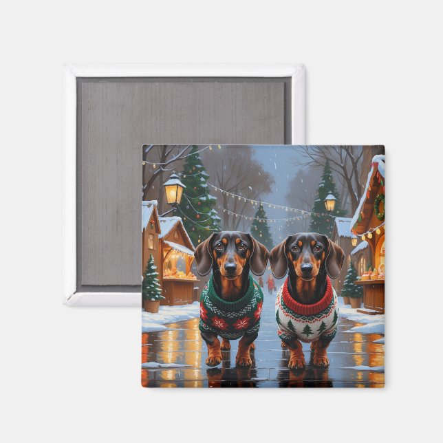 Imán Perros Dachshund Navidad Nieve Fiesta (Anverso/Reverso)