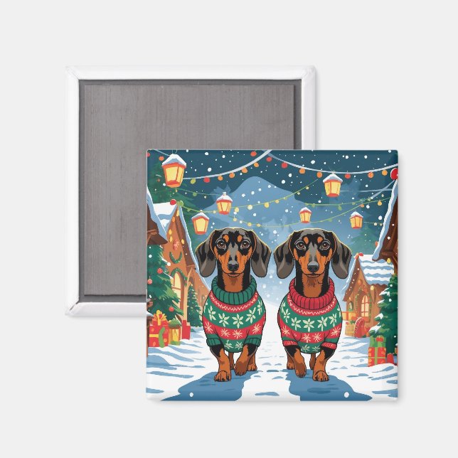 Imán Perros Dachshund Navidad Nieve Fiesta (Anverso/Reverso)