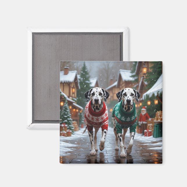 Imán Perros dálmatas Navidad Nieve Fiesta (Anverso/Reverso)