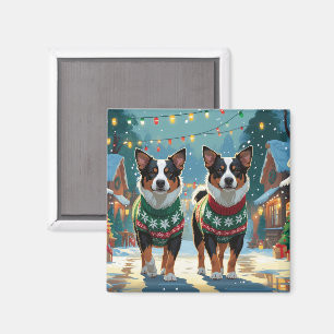 Imán Perros de Ganado Australianos Navidad Nieve Fiesta