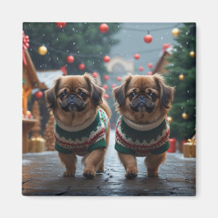 Imán Perros de Pekín Navidad Nieve Fiesta