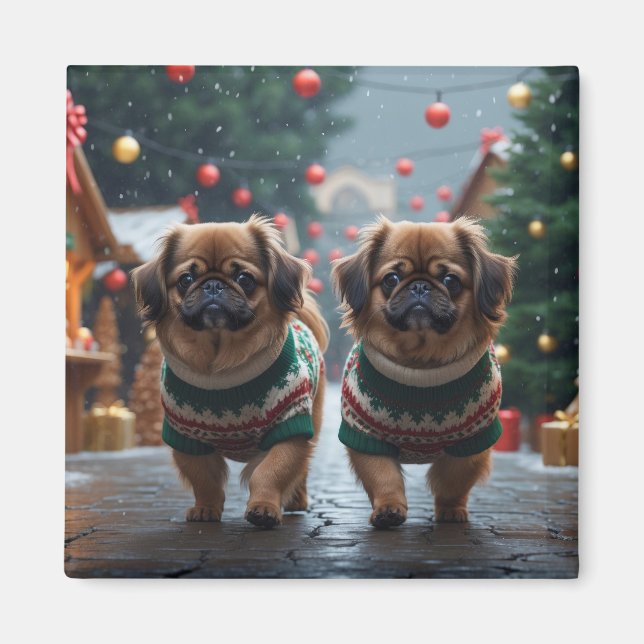 Imán Perros de Pekín Navidad Nieve Fiesta (Frente)