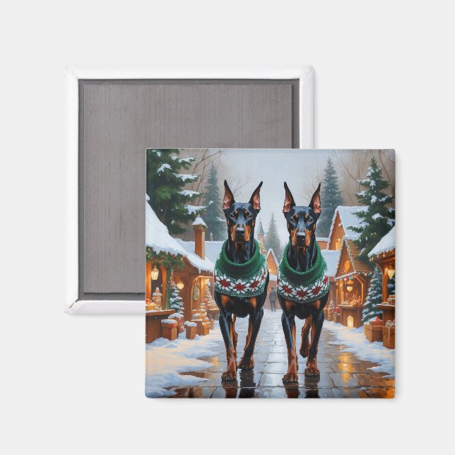 Imán Perros Doberman Navidad Nieve Fiesta (Anverso/Reverso)