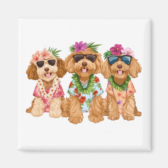 Imán Perros Goldendoodle Hawaianos Lei de Flores (Frente)