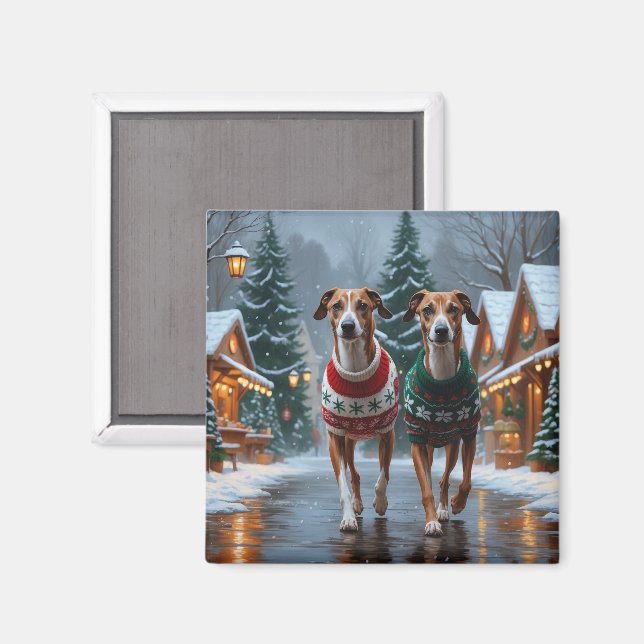 Imán Perros Greyhound Navidad Nieve Fiesta (Anverso/Reverso)