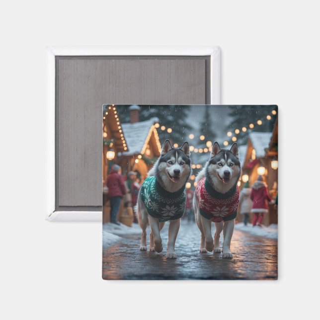 Imán Perros Husky Siberiano Navidad Nieve Fiesta  (Anverso/Reverso)