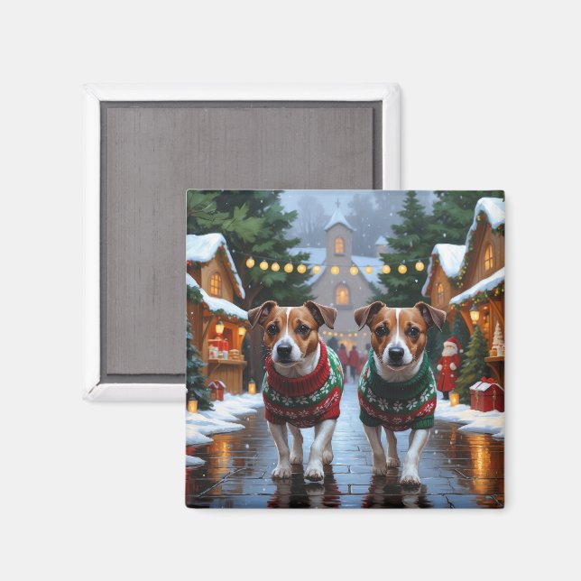 Imán Perros Jack Russell Navidad Nieve Fiesta (Anverso/Reverso)