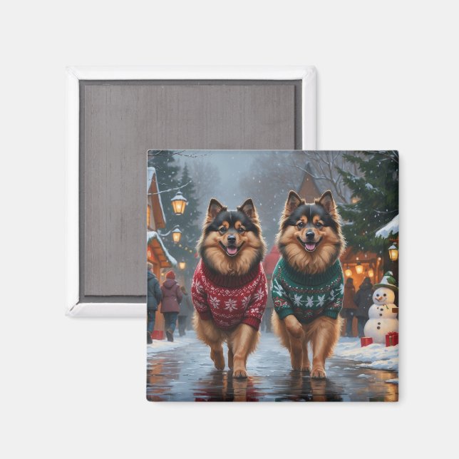 Imán Perros Keeshond Navidad Nieve Fiesta (Anverso/Reverso)