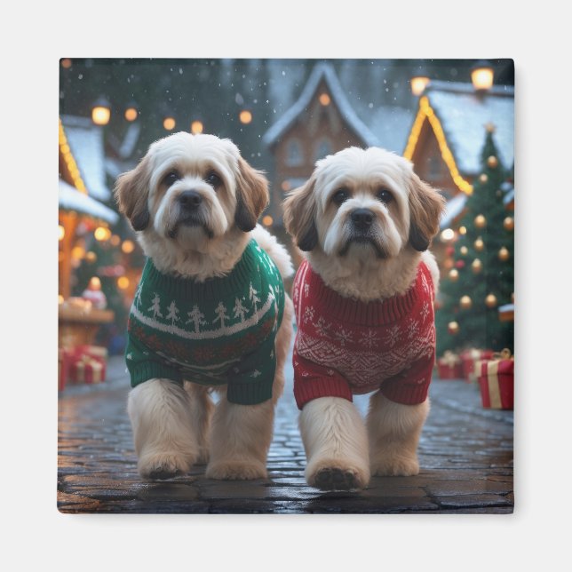 Imán Perros Lhasa Apso Navidad Nieve Fiesta (Frente)