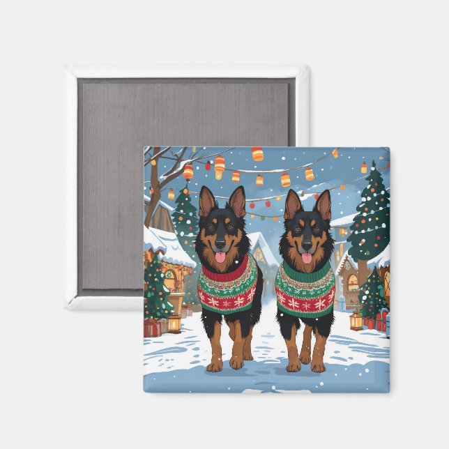 Imán Perros Malinois Belgas Navidad Nieve Fiesta  (Anverso/Reverso)