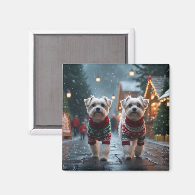 Imán Perros Malteses Navidad Nieve Fiesta (Anverso/Reverso)