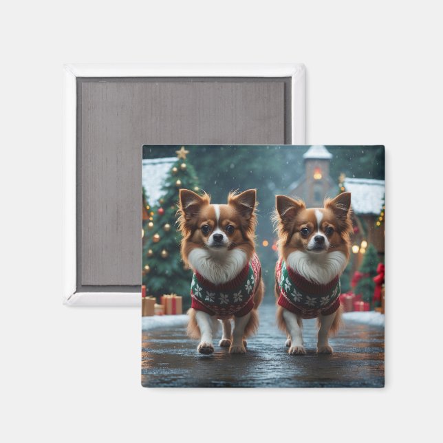Imán Perros Papillon Navidad Nieve Fiesta (Anverso/Reverso)