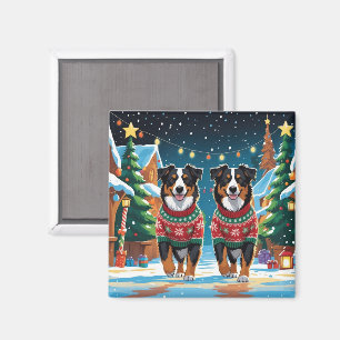 Imán Perros Pastor Australiano Navidad Nieve Fiesta