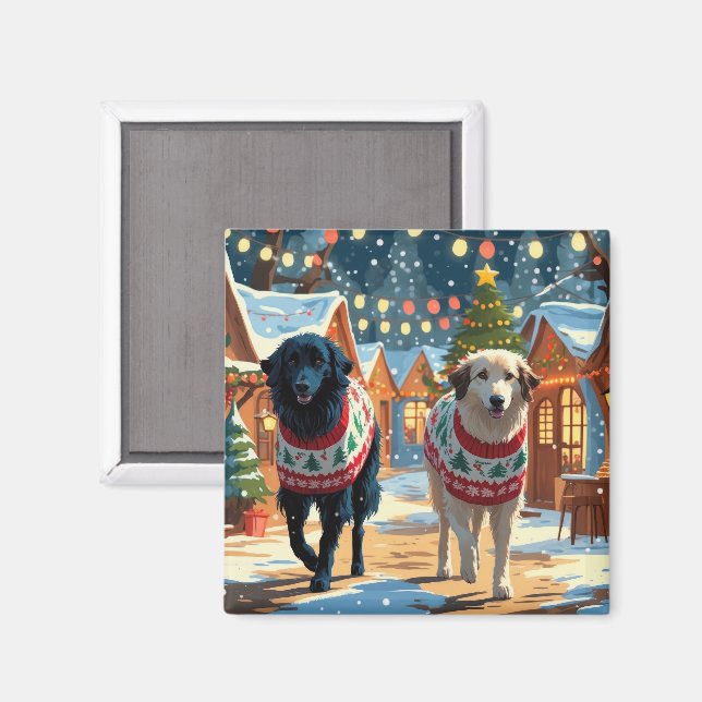Imán Perros Pastores de Anatolia Navidad Nieve Fiesta (Anverso/Reverso)