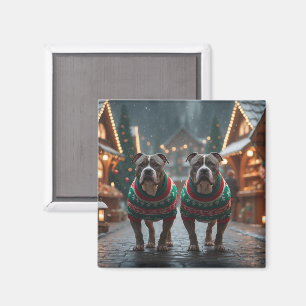 Imán Perros Pitbull Navidad Nieve Fiesta