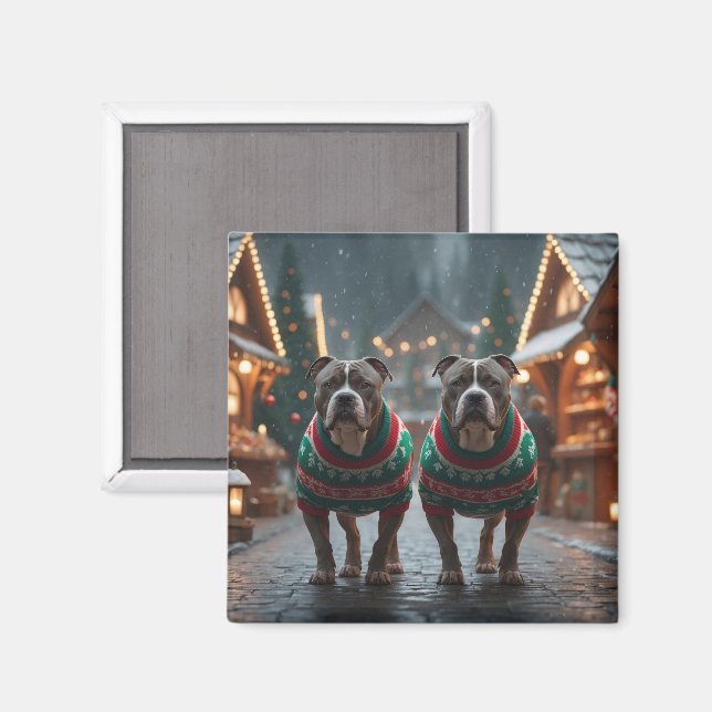 Imán Perros Pitbull Navidad Nieve Fiesta (Anverso/Reverso)