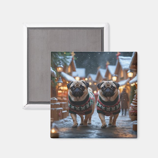 Imán Perros Pug Navidad Nieve Fiesta (Anverso/Reverso)