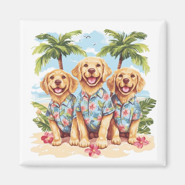 Imán Perros recuperadores de oro con Camisetas hawaiano (Frente)