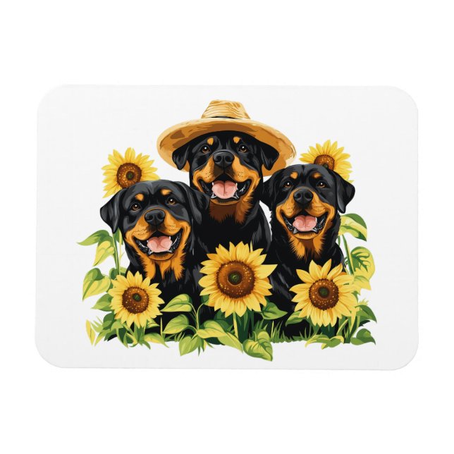 Imán Perros Rottweiler Rodeados De Sunflowers (Horizontal)
