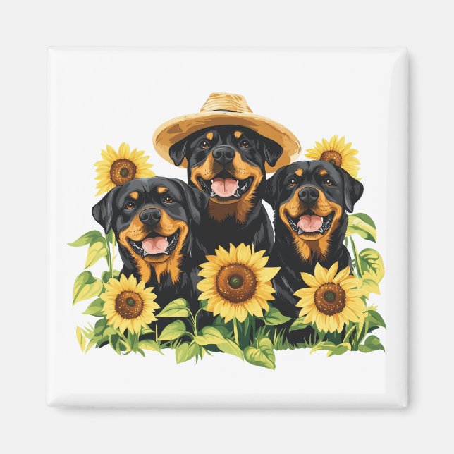 Imán Perros Rottweiler Rodeados De Sunflowers (Frente)