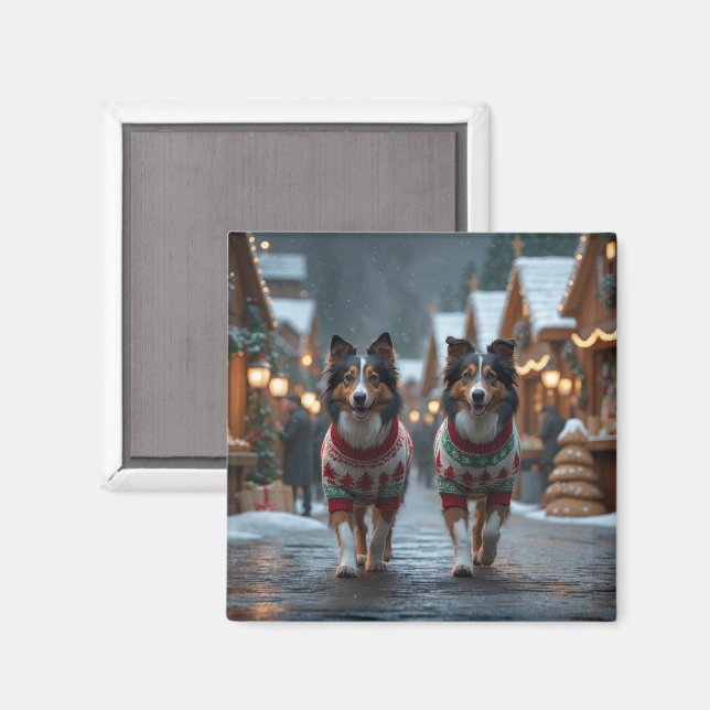 Imán Perros Rough Collie Navidad Nieve Fiesta (Anverso/Reverso)