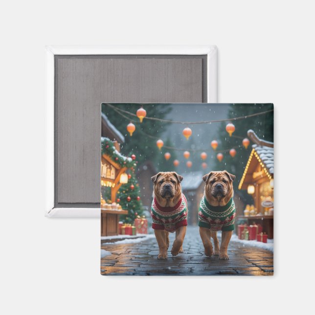 Imán Perros Shar Pei Navidad Nieve Fiesta (Anverso/Reverso)